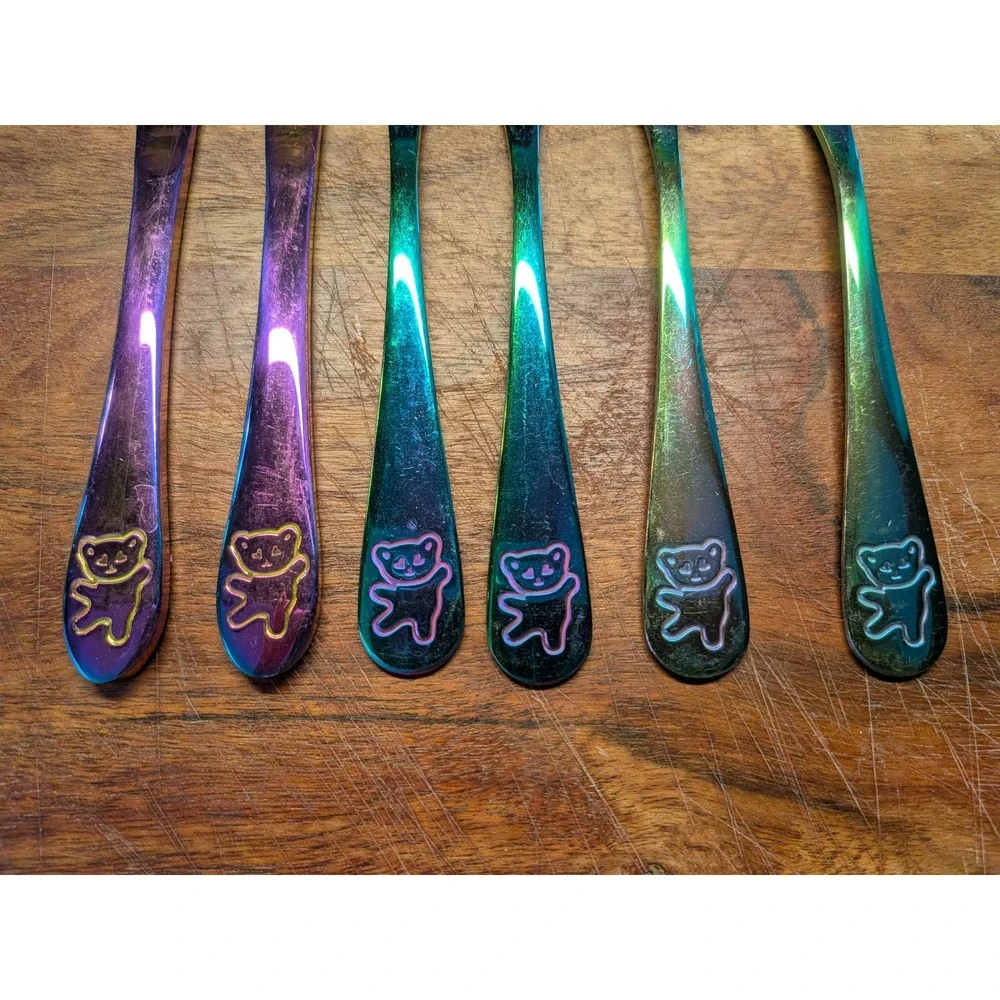 Rainbow Iridescent Teddy Bear Flatware‎ Set 6pc Stainless Steel 18/0 Oil Slick